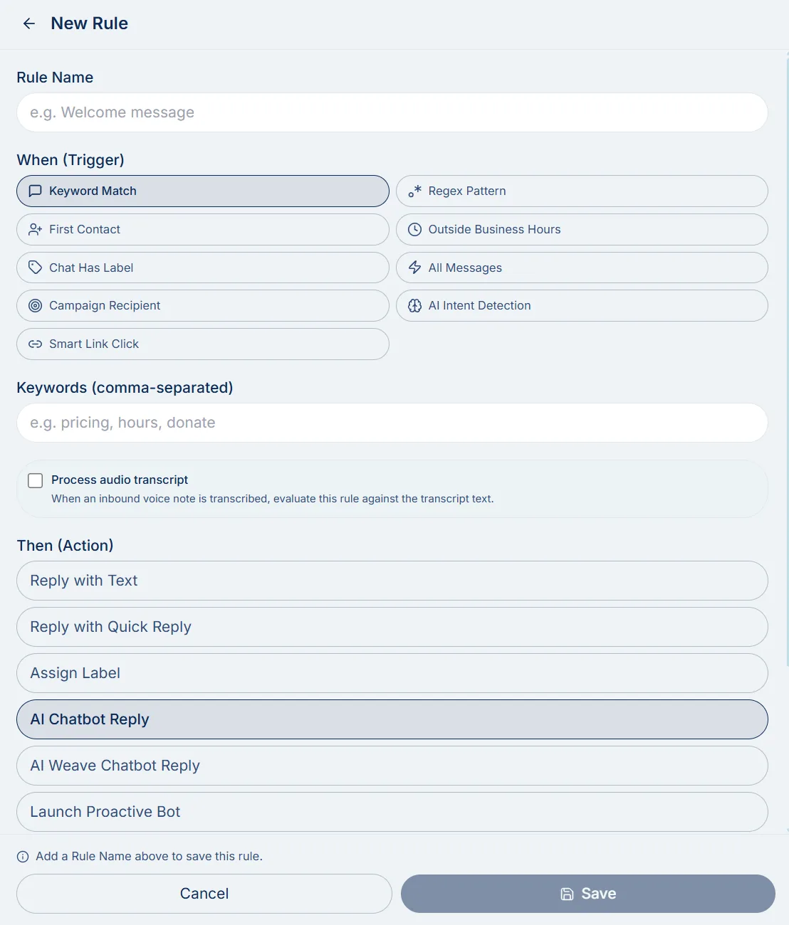 The Spun automation rule builder, showing the triggers that can start an automatic WhatsApp reply alongside the actions available, with an AI chatbot reply selected as the action