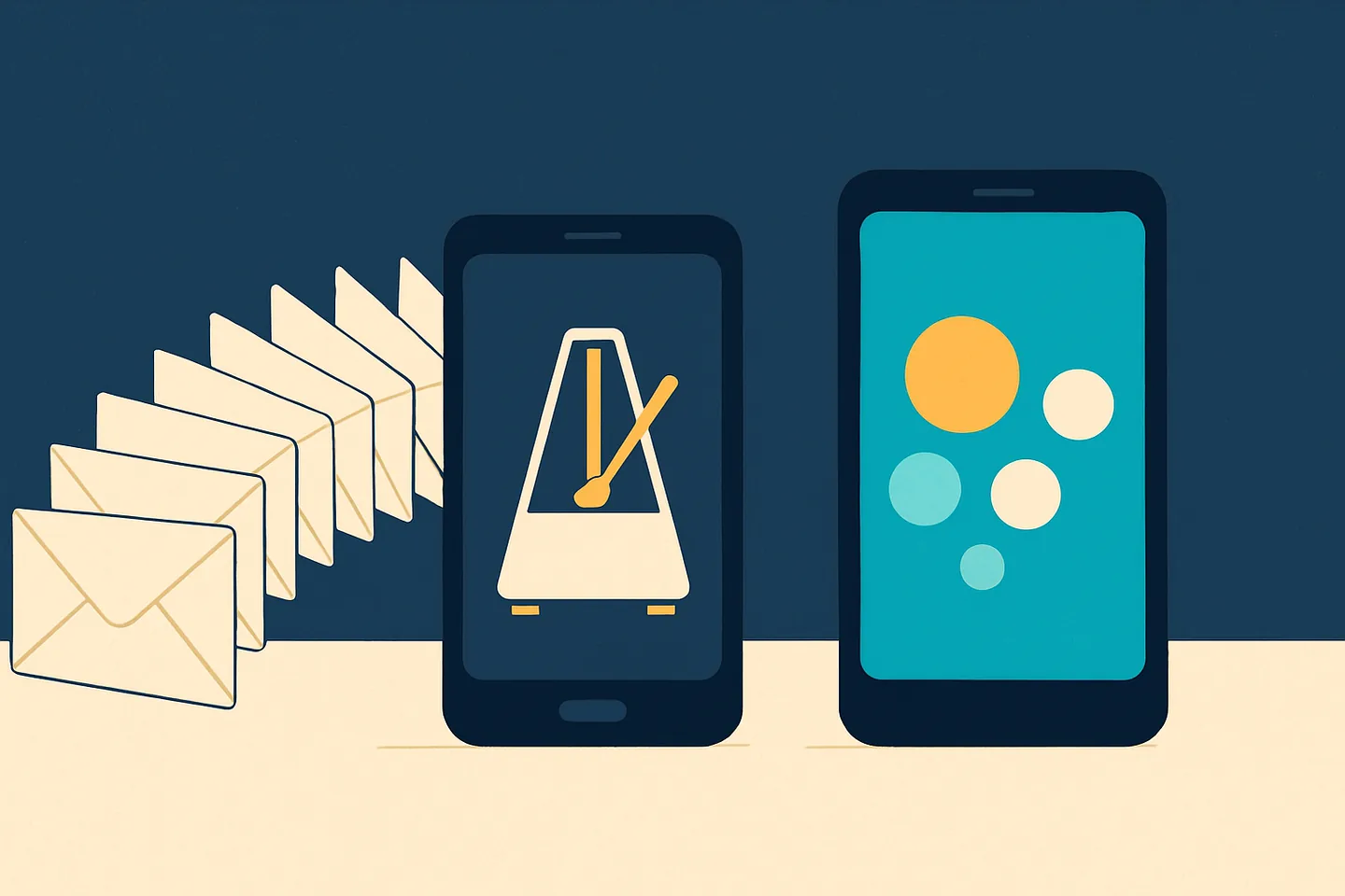 Illustration contrasting a blast of identical envelopes with evenly spaced, varied messages
