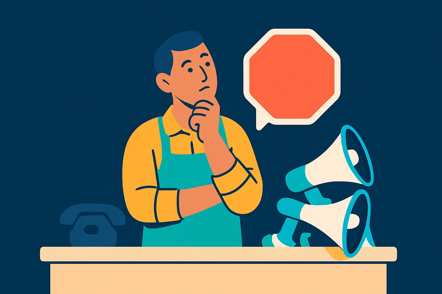 Illustration of a shop counter, a phone and a tipped-over megaphone