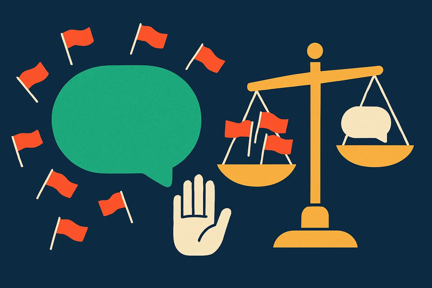 Illustration of a speech bubble surrounded by red flags and a balance scale